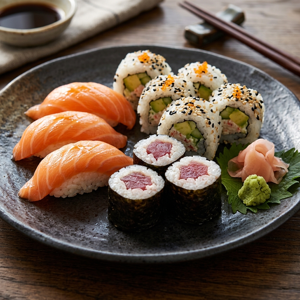 Bandeja de makis y bocados de 757 Sushi Express