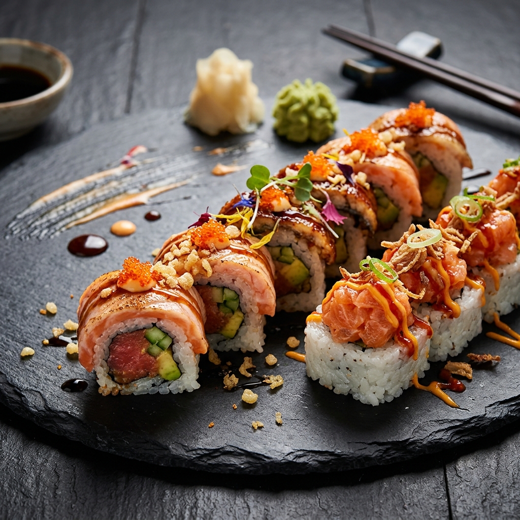 Rolls de sushi con toppings crocantes